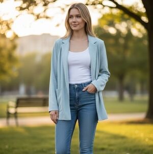 Premise Light Blue Faux Leather Open Front Blazer M